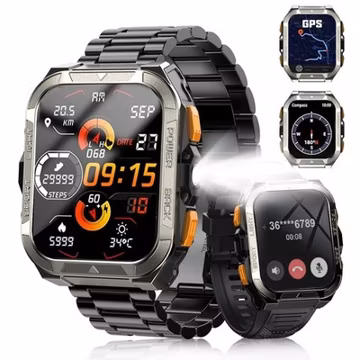 Military Grade Tactical Smart Watch Men With GPS LED Flashlight Stainless Steel