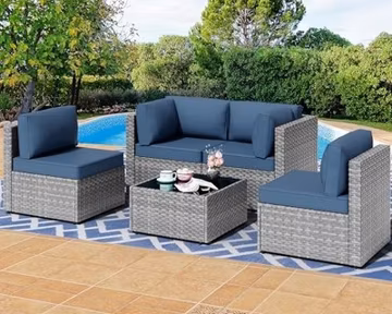 5 Pieces Outdoor Patio Furniture Sets, Patio Sectional Aegean Blue/5 Pieces