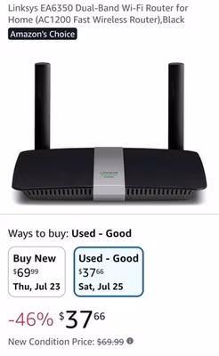 Linksys EA6350 Dual-Band AC1200 Wireless Router, 4-Port Gigabit, Black