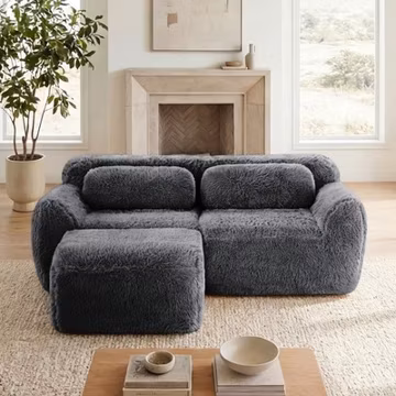 L-Shaped Boneless Sofa with Chaise, Plush Fabric, Dark Grey