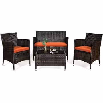4PCS Patio Rattan Conversation Furniture Set Outdoor w/ Orange Cushion