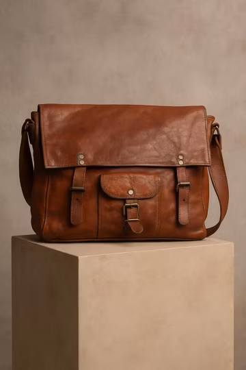 Vintage leather crossbody bag handmade brown rustic Kirschner satchel Germany 1980s