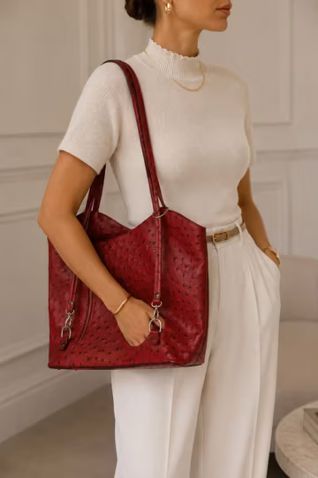 Italian Red Leather Bag Backpack Made in Italy Ostrich Embossed Genuine Leather Y2K Quiet Luxury Convertible Shopper Tote NOS