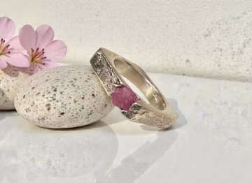 Square Band Ring with Raw Pink Sapphire. Sand Cast Ring, Recycled Sterling Silver.