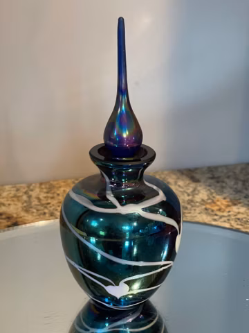 Hand Blown Iridescent Art Glass Perfume Bottle with Cobalt Blue Stopper, White Swirl Decor, Studio Art Glass Vanity Bottle
