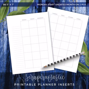 B6 5x7 Undated Monday Start Month On Two Pages Printable Planner Inserts Monthly Calendar