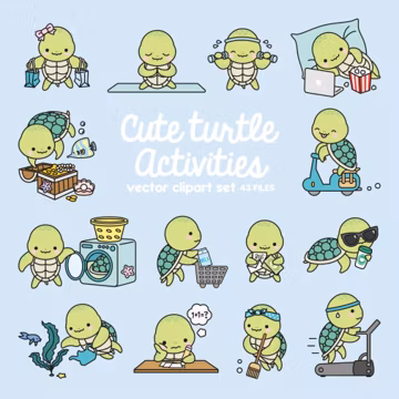 Premium Vector Clipart - Kawaii Turtle - Cute Sea Turtle Planning Clipart - Instant Download - Kawaii Clipart