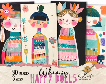Whimsy HAPPY DOLLS tall bookmarks 3 sizes | Fancy characters paper doll hand-drawn mixed media children book | Digital Dowload CU | pp815
