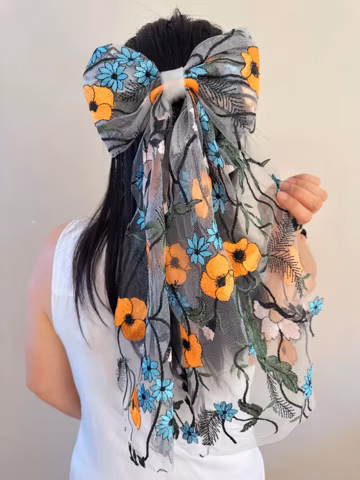 Embroidered orange blue Flower Hair Bow, Unique Bridal Veil Alternative