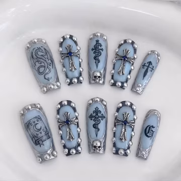 3D Chrome Cross Press On Nails | Dark Y2K Grunge Fantasy Vibe | Pale Blue Coffin Nails | Dragon Sword Skull Nail | 3D Metal Art Gel Nail