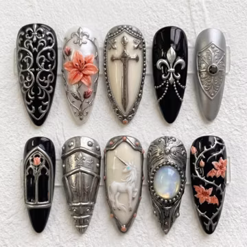Dark Fantasy Press On Nails | Mythical Lore | Intricate Almond Relic Nails | Unicorn & Lily Pattern Nail | Sculpted Floral Art Nail