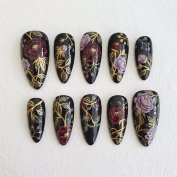 Dark Floral Press On Nails | Vintage Romantic Vibe | Classy Black Almond Nails | Burgundy Peony Gold Vine Nail | Hand Painted Gel Art Nail
