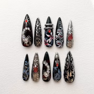 3D Silver Chrome Press On Nails | Medieval Dark Romance Vibe | Grunge Stiletto Nails | Rhinestone Scorpion Nail | Sculpted 3D Metallic Nail