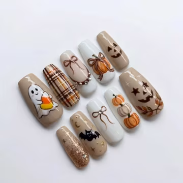 Cute Halloween Press On Nails | Spooky Autumn Vibe | Neutral Coffin Nails | Ghost Pumpkin Pattern Nail | Hand Painted Gel Art Nail