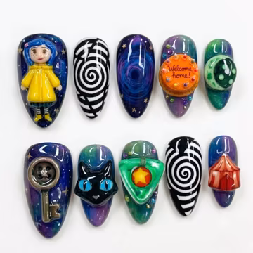 Coraline Inspired Press On Nails | 3D Button, Key & Black Cat Fake Nails in Almond | Spooky Other World Mismatched Pop Art