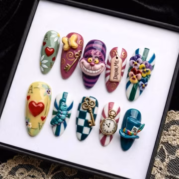 Handmade Alice in Wonderland Press On Nails | 3D Cheshire Cat Tea Party Art | Long Almond Fantasy Fake Nail Set