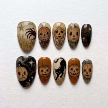 Over Garden Wall Press On Nails | Vintage Spooky Cartoon Vibe | Dark Autumn Almond Nails | Enoch Pumpkin Cat Nail | Hand Painted Gel Nail