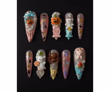 Handmade Cute Halloween Press On Nails | 3D Ghosts, Pumpkins, Spiders & Candy Charms | Pink Glitter Long Nails For Playful Vibe