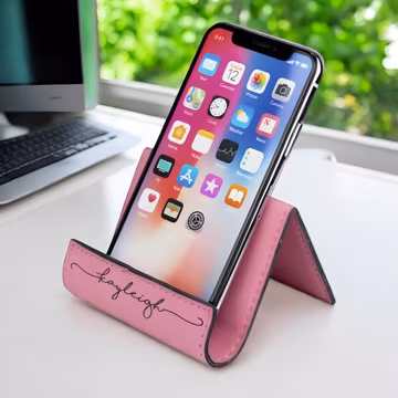 Leather phone stand for desk, personalized iphone holder, tablet stand in multiple colors. Engraved ipad gift for her, iphone stand