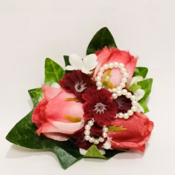 Flowers Faux Pearls Leaves Brooch Pin 3" Handmade Mauve Green