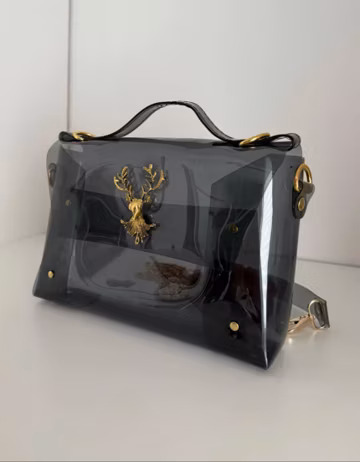 Black Transparent Vinyl Briefcase Bag Smoked Clear Crossbody Purse Minimalist Retro Handbag Deer Clasp Vegan Luxury Statement Bag