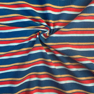Striped Cotton Jersey Knit Fabric, Blue and Yellow and Red Stripe, 40% Cotton 60 Polyester 154 GSM, Soft Drapey Apparel Fabric, Sold by the