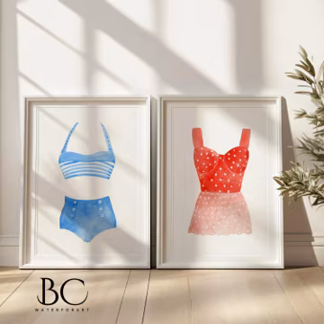Vintage Swimsuit Watercolor Art Print Set: Beach House Decor