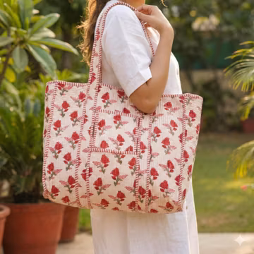 Quilted Block Print Tote | Cotton Bag, Handmade Shoulder Purse Large Floral Weekender, Paisley bag | Pink Tote Bag, Women's Travel Bag