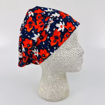 Scrub hat by KimKaps surgical hat European scrub cap Sale Bargain Clearance blue res white poppy flowers stars