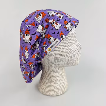 Scrub hat by KimKaps surgical hat bouffant scrub cap Traditional bouffant Sale Bargain Clearance purple white orange Halloween ghosts coffee