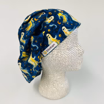 Scrub hat by KimKaps surgical hat bouffant scrub cap Traditional bouffant Sale Bargain Clearance navy blue yellow white Halloween ghosts