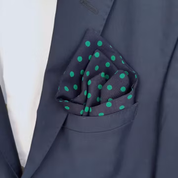 Double dark blue with green dots men's pocket square, Prom accessory for him