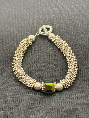Vintage 925 Sterling Silver Caviar Bead Bracelet - AB Aurora Borealis toggle 44G
