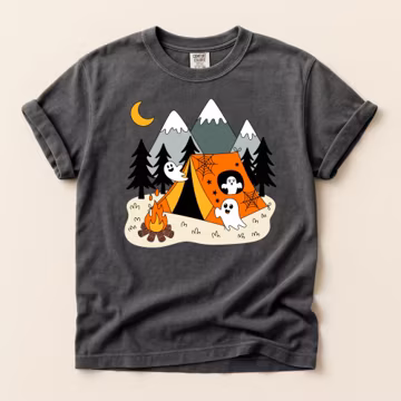 Cute Halloween Ghost T-Shirt, Comfort Colors Tee with Camping Ghosts, a Campfire & Snowy Mountains