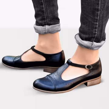 Jane: Women's Black Leather Mary Jane Shoes - Suede Strap, Handcrafted Perforated Dress Flats
