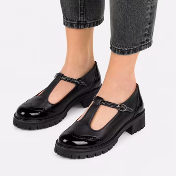 Jane: Women’s Black Mary Jane Shoes with Patent Leather Toe and Heel, Polka Dot Strap, Chunky Sole Flats