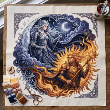 Celestial Sun and Moon Goddess and God Fantasy Art Counted Cross Stitch PDF Digital Download