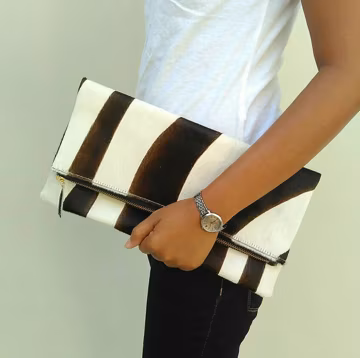 Animal Print, Zebra fold over clutch, Zebra print leather clutch, Leather print calf hair clutch, leather clutch, cow hide leather clutch