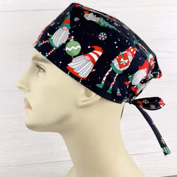 Men's Scrub Hat - Men's Scrub Cap - Men's Tieback Hat - Christmas Gnomes - Scrub Hat with Buttons