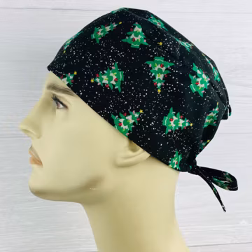 Men's Scrub Hat - Men's Scrub Cap - Men's Tieback Hat - Christmas Trees on Black - Scrub Hat with Buttons