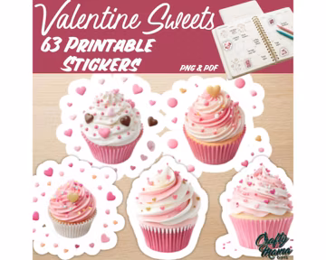 Printable Valentine Sweets Stickers PNG PDF, Cute Cupcake Clipart, Dessert Planner Stickers, Valentine Graphics PNG
