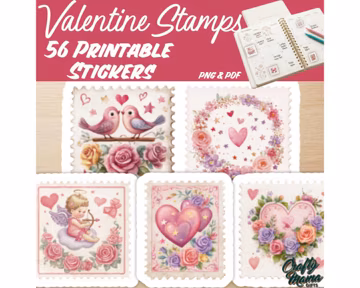 Printable Valentine Stamps Stickers PNG PDF, Vintage Postage Clipart, Love Heart Planner Stickers, Valentine Graphics PNG