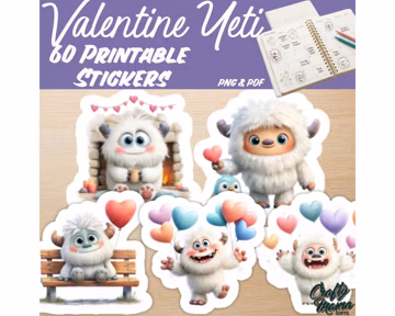 Printable Valentine Yeti Stickers PNG PDF, Cute Abominable Snowman Clipart, Love Heart Planner Stickers, Valentine Graphics PNG