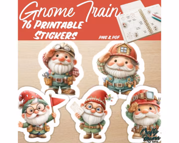 Printable Gnome Train Stickers PNG PDF, Cute Conductor Clipart, Train Engineer Planner Stickers, Gnome Graphics PNG