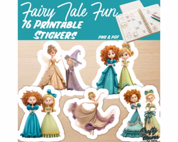 Printable Fairy Tale Stickers PNG PDF, Princess Clipart, Cute Fairy Godmother Planner Stickers, Storybook Graphics PNG