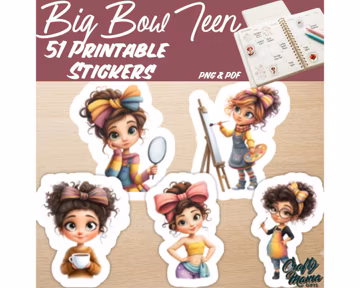 Printable Big Bow Teen Stickers PNG PDF, Cute Hair Bow Girl Clipart, Teen Girl Planner Stickers, Coquette Bow Graphics PNG