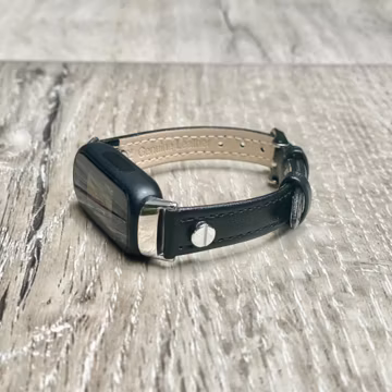 Slim Black Leather Fitbit Inspire 3 Band, Silver Accent Strap, Adjustable Size Bracelet