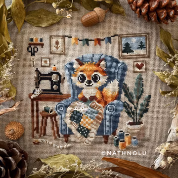 Quilting Fox Cross Stitch Pattern PDF - Instant Download - Whimsical Woodland Animal with Patchwork Blanket Embroidery Design, Sewing Hobby