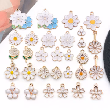 10/30pcs Enamel White Flower Charms Alloy Sunflower, Daisy, Rose Pendants for DIY Bracelet Necklaces Earrings Jewelry Making Accessories