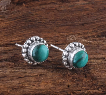 Natural Malachite Stud Earrings : Sterling Silver Handmade Round Bezel Minimalist Jewelry